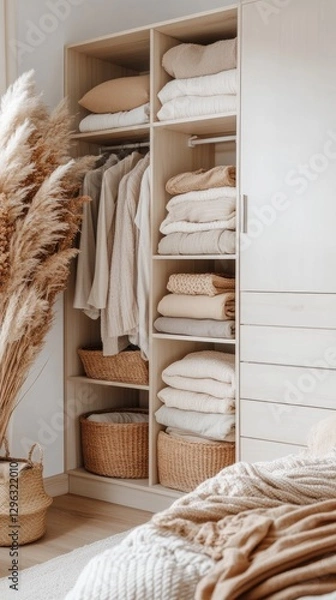 Fototapeta Neatly arranged cloth boxes and baskets fill a wooden shelf, providing stylish storage against a clean white wall