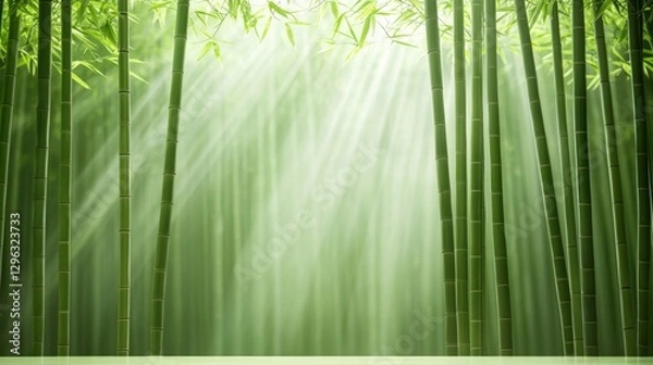Fototapeta Serene Bamboo Grove with Soft Light and Gentle Reflections on Calm Ground