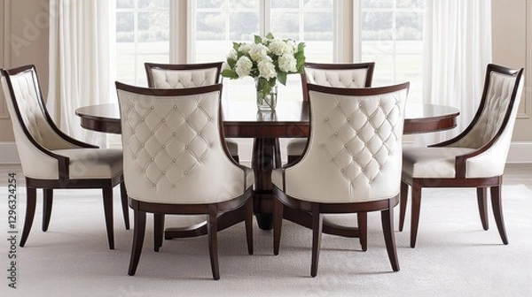Fototapeta Elegant Round Dining Table with Stylish Upholstered Chairs and Flowers