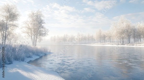Fototapeta serene winter scene showcasing a frozen lake with snow-dusted trees lining the shore, creating a breathtakingly quiet and cold atmosphere.