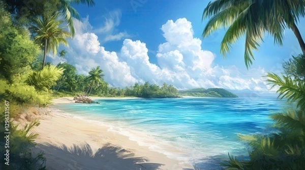 Fototapeta sunny tropical lagoon with turquoise waters and pristine sandy Palm Beach, perfect for a summer travel banner showcasing a peaceful paradise.