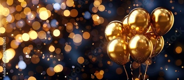 Fototapeta Gold balloons on a dark background with glitter and bokeh lights. Happy birthday, New Year or other celebration event banner design in the style  of various artists