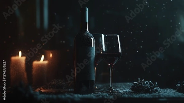 Fototapeta A bottle of red wine and two glasses are displayed against a dark background, with a cozy winter evening vibe filling the air.