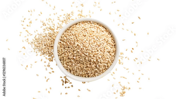 Fototapeta Sesame seeds falling into white bowl on transparent background
