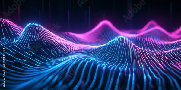 Fototapeta A cybernetic 3D music background displaying an intricate, glowing neon waveform stretching across an infinite void. The dynamic pulses of sound energy form an abstract representation of digital rhythm