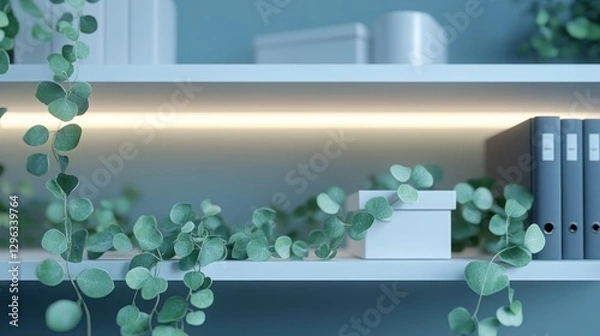 Fototapeta Office shelf, plants, books, soft light, minimalist, background