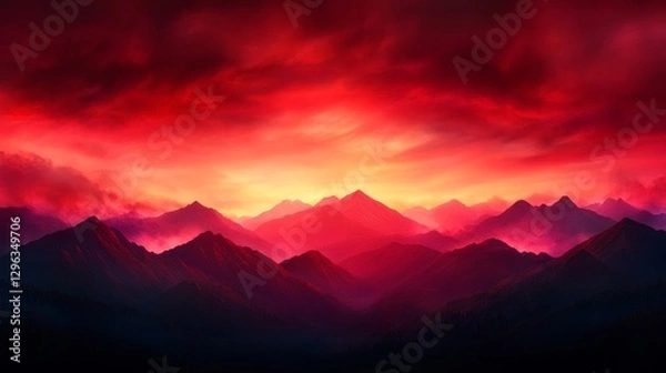 Fototapeta Fiery Mountain Range Sunset - Dramatic sunset over a mountain range, fiery red and orange hues dominate the sky and cast a warm glow on the peaks