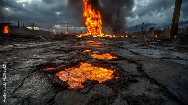 Fototapeta This dramatic image shows a fierce eruption with lava pouring out, consuming the ground and sending flames soaring against a backdrop of dark, smoky skies filled with ash.
