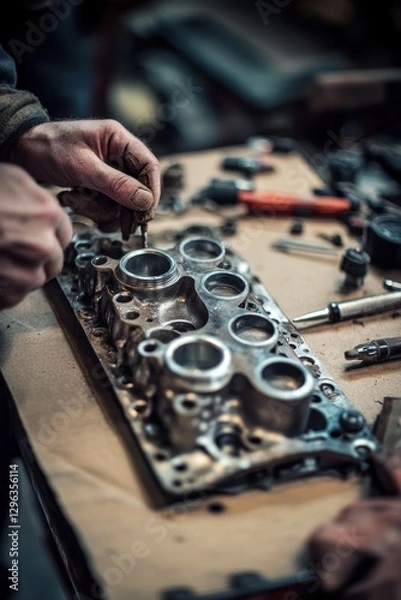 Fototapeta Hands of an engineer working on engine parts in a workshop, automotive repair, mechanical maintenance, precision engineering, machinery components, craftsmanship.