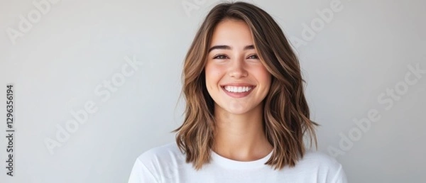 Obraz Happy young woman smiling at camera with casual outfit in studio, cheerful expression, positive emotions, lifestyle portrait, joy, friendship, confidence.