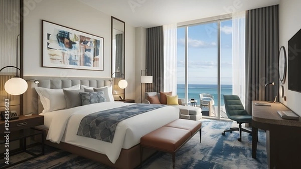 Fototapeta Hotel room with plush bedding, a work desk, and views of the ocean or skyline.