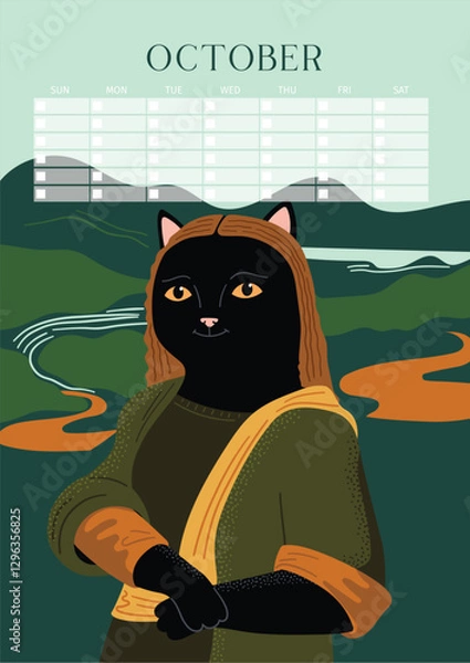 Fototapeta Mona Lisa Cat, A Renaissance-Inspired Cat Portrait with a Mysterious Smile, Perpetual Calendar, Poster
