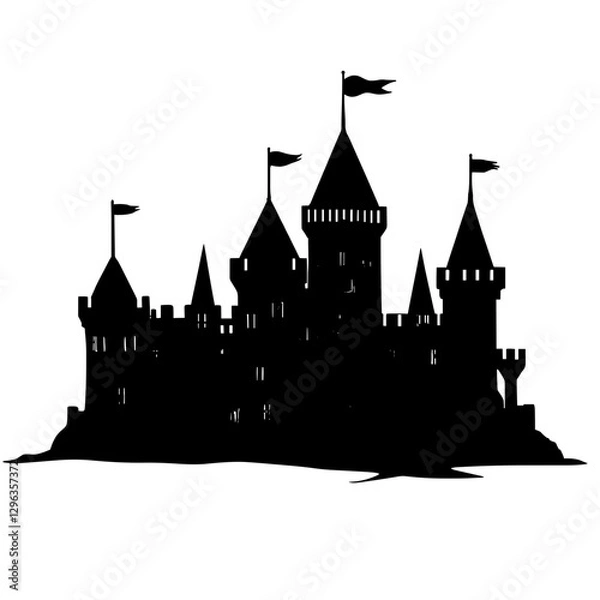 Obraz An illustration featuring a black castle silhouette set against a clean white background showing a medieval castle with detailed towers and battlements.