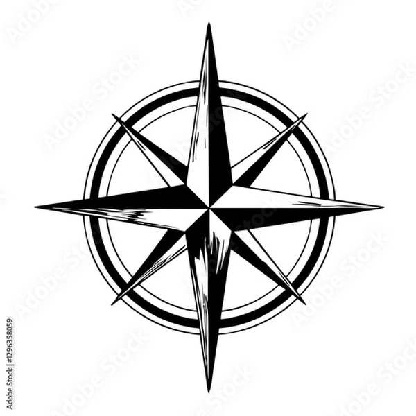 Obraz An illustration featuring a black compass silhouette set against a clean white background showing a compass rose with detailed directional points.