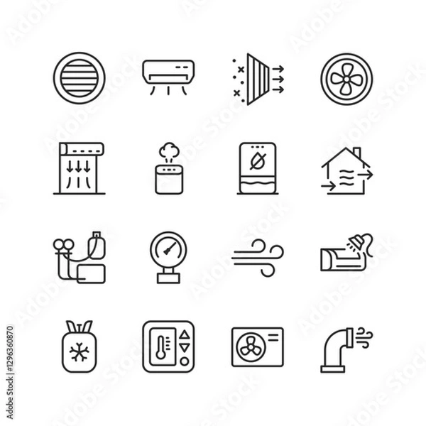Fototapeta Maintenance of Air Conditioning Equipment, linear style icon set. Tools and processes for servicing, repairing, and maintaining air conditioning systems. Editable stroke width