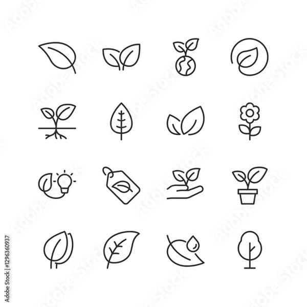 Fototapeta Plants and Leaf Growing, linear style icon set. various stages of plant growth, from seedlings to mature plants. leaves, sprouts, flowers, symbols of environmental care. Editable stroke width