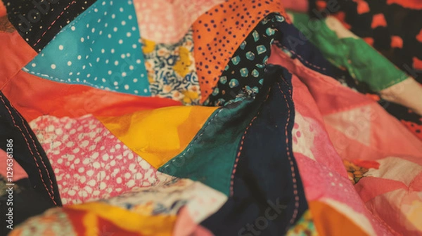 Fototapeta Vibrant patchwork fabric with colorful triangles for creative projects