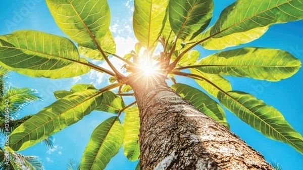 Obraz A tall palm tree with a thick trunk and vibrant green leaves reaching towards the sky.