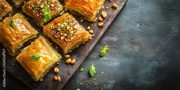 Fototapeta Vibrant image of Turkish baklava with peanut on rustic surface