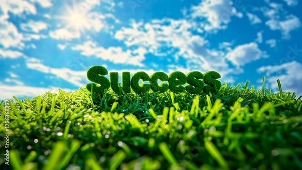 Obraz Green Grass Success Word on Lawn with Blue Sky
