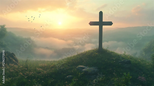 Fototapeta A wooden cross standing on a green hill at sunrise, with golden light shining through the clouds.
