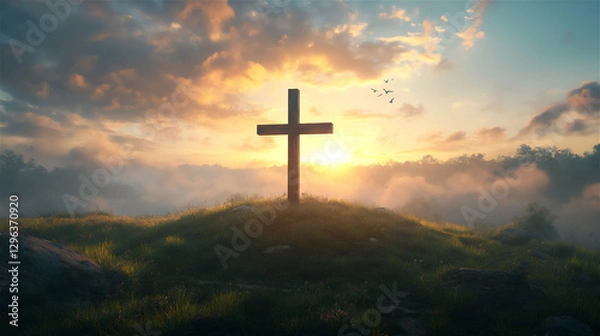 Fototapeta A wooden cross standing on a green hill at sunrise, with golden light shining through the clouds.