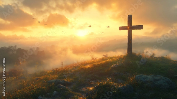 Fototapeta A wooden cross standing on a green hill at sunrise, with golden light shining through the clouds.