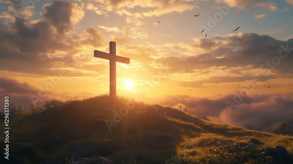 Fototapeta A wooden cross standing on a green hill at sunrise, with golden light shining through the clouds.