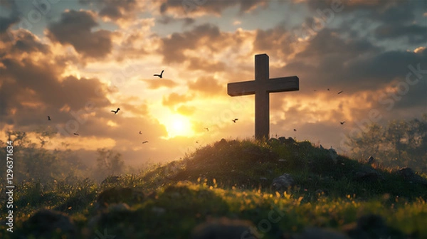 Fototapeta A wooden cross standing on a green hill at sunrise, with golden light shining through the clouds.