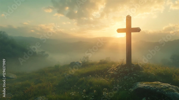 Fototapeta A wooden cross standing on a green hill at sunrise, with golden light shining through the clouds.