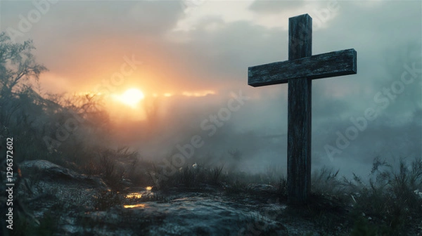 Fototapeta A wooden cross standing on a green hill at sunrise, with golden light shining through the clouds.