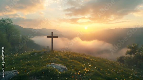 Fototapeta A wooden cross standing on a green hill at sunrise, with golden light shining through the clouds.