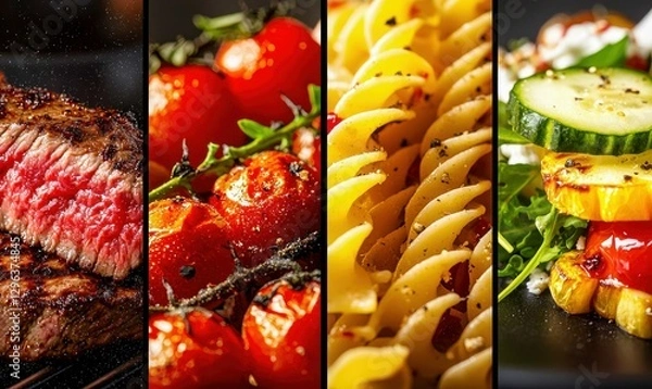 Obraz Assorted Gourmet Dishes with Steak, Tomatoes, Pasta, and Salad