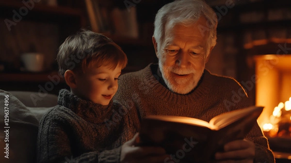 Fototapeta Family Reading by the Fireplace – Grandfather and Grandson reading a book in a warm atmosphere