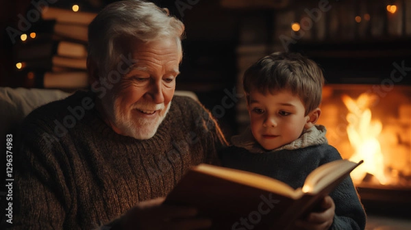 Fototapeta Family Reading by the Fireplace – Grandfather and Grandson reading a book in a warm atmosphere