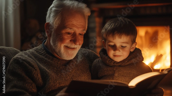 Fototapeta Family Reading by the Fireplace – Grandfather and Grandson reading a book in a warm atmosphere