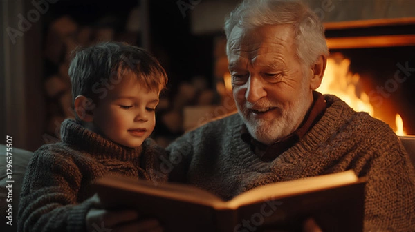 Fototapeta Family Reading by the Fireplace – Grandfather and Grandson reading a book in a warm atmosphere