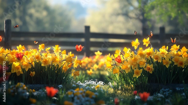 Fototapeta A field of blooming yellow daffodils and tulips bathed in warm morning sunlight, symbolizing the arrival of spring. Gentle breeze moving the flowers