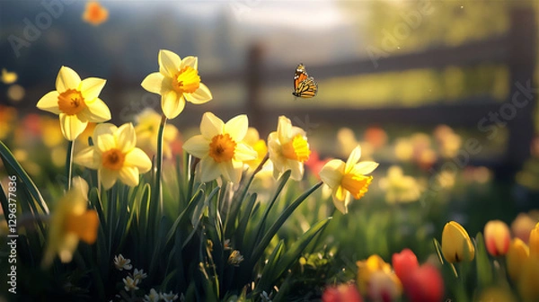 Fototapeta A field of blooming yellow daffodils and tulips bathed in warm morning sunlight, symbolizing the arrival of spring. Gentle breeze moving the flowers