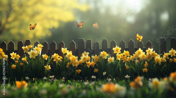 Fototapeta A field of blooming yellow daffodils and tulips bathed in warm morning sunlight, symbolizing the arrival of spring. Gentle breeze moving the flowers
