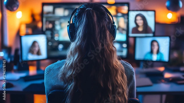 Fototapeta A diverse group of students attending an online class, multiple faces on a video call screen, various workspaces in the background, bright and modern aesthetic, Woman and computer