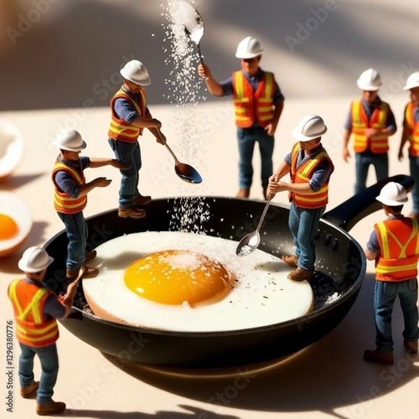 Fototapeta A hyperrealistic miniature scene featuring tiny construction workers dressed in safety vests and hard hats, actively working on a giant fried egg in a black frying pan. Some workers are standing on th