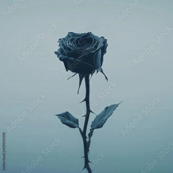 Fototapeta a single dried rose, its darkened petals and thorny stem standing in stark contrast to a pale background