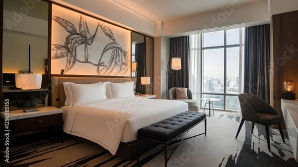 Fototapeta Upscale, modern hotel room with high-thread-count sheets, a statement art piece, and ambient lighting.