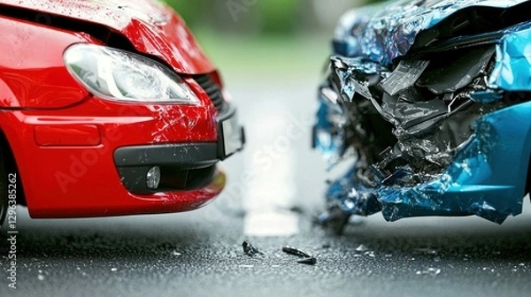 Obraz Head-On Collision of Red and Blue Cars with Severe Damage