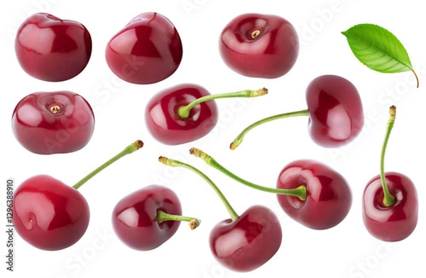 Fototapeta Isolated cherries. Collection of various glossy cherry fruits with stems and without, with leaf isolated on white background