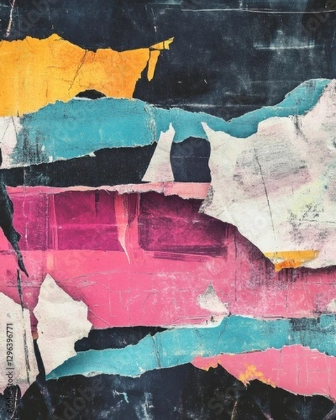Fototapeta Colorful abstract layers of torn paper creating a vibrant texture on a wall. Generative AI