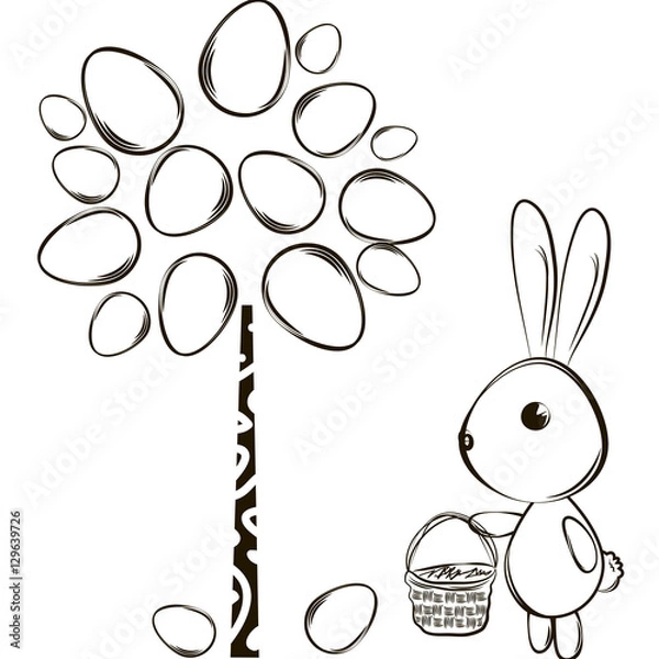 Obraz Easter card with rabbit and basket Easter tree