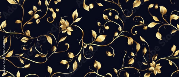 Fototapeta Elegant gold floral vines gracefully intertwine on deep black background, creating seamless and luxurious pattern