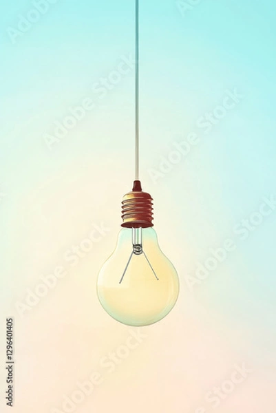 Fototapeta single light bulb hangs against soft sky blue gradient background, creating light and airy atmosphere